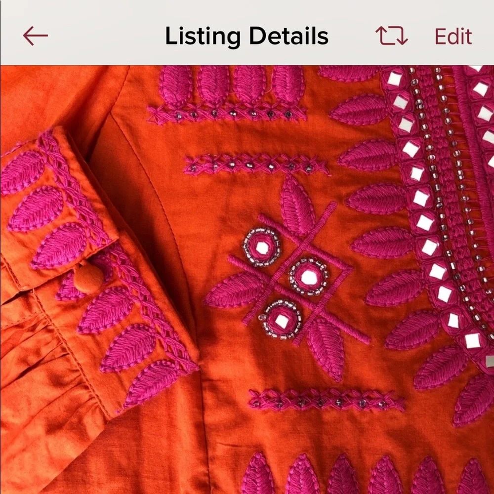 TORY BURCH boho cotton embroidered baby doll long sleeve top orange size 4